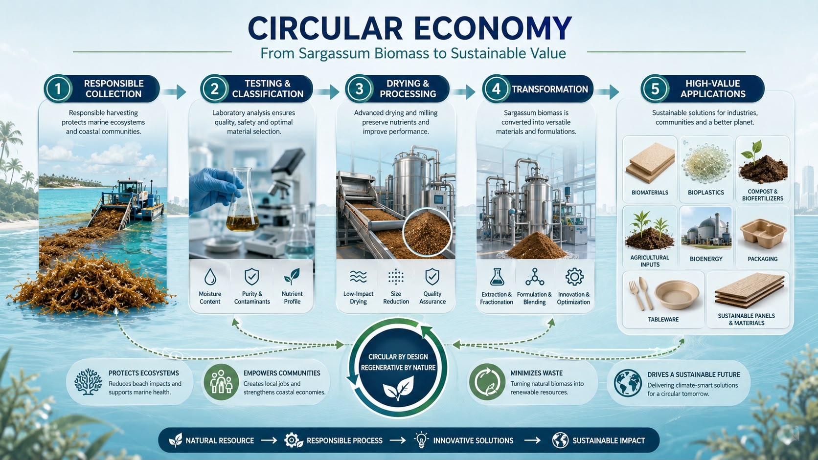 Circular economy — from sargassum biomass to sustainable value: five stages from responsible collection to high-value applications