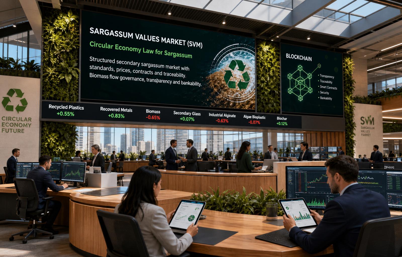 Sargassum Values Market trading floor — live commodity tickers for recycled plastics, recovered metals, biomass, secondary glass, industrial alginate, algae bioplastic and biochar, with blockchain traceability panel